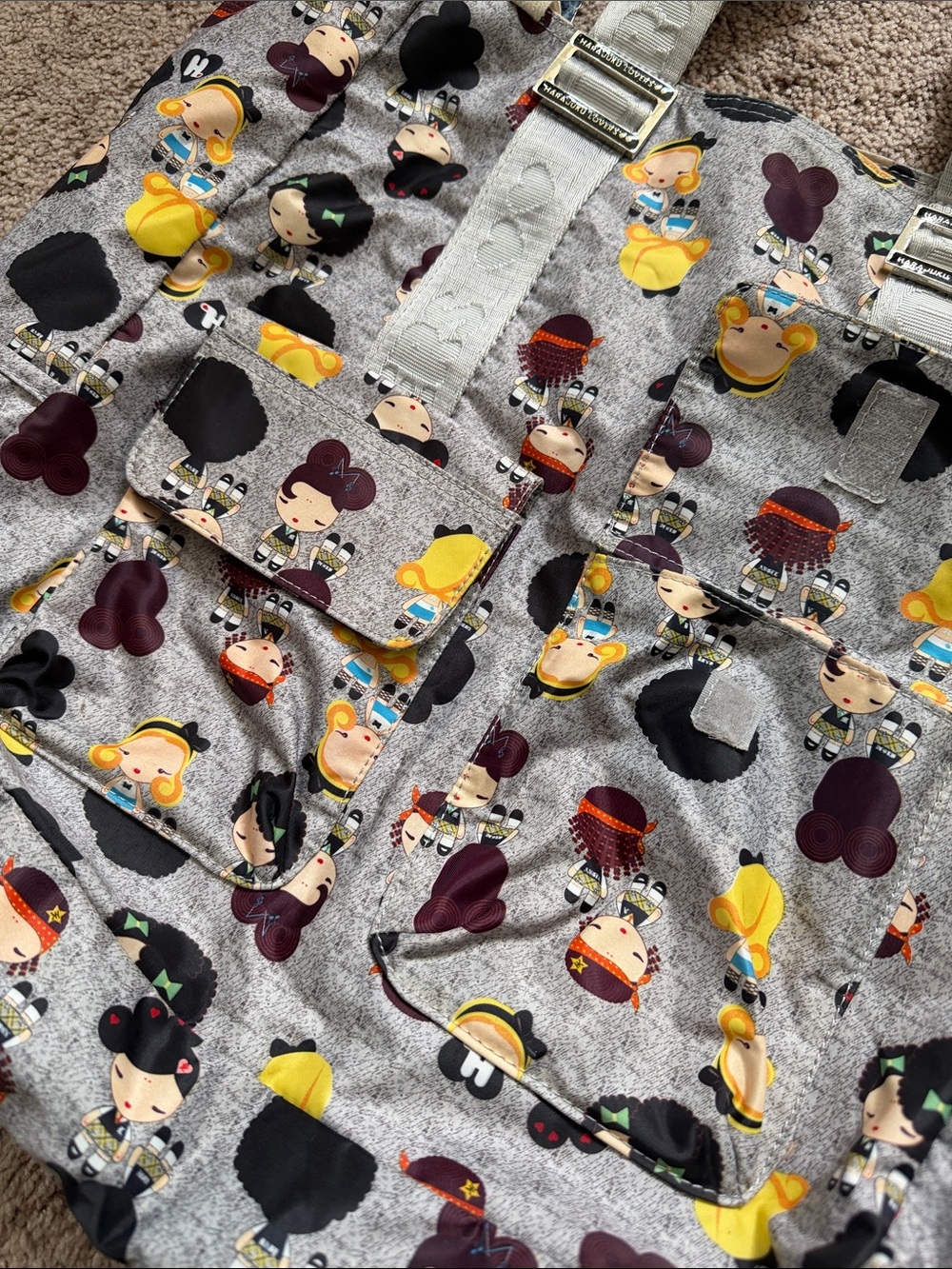 Harajuku Lovers Gray Character Print Big Tote Bag. - Picture 2 of 8